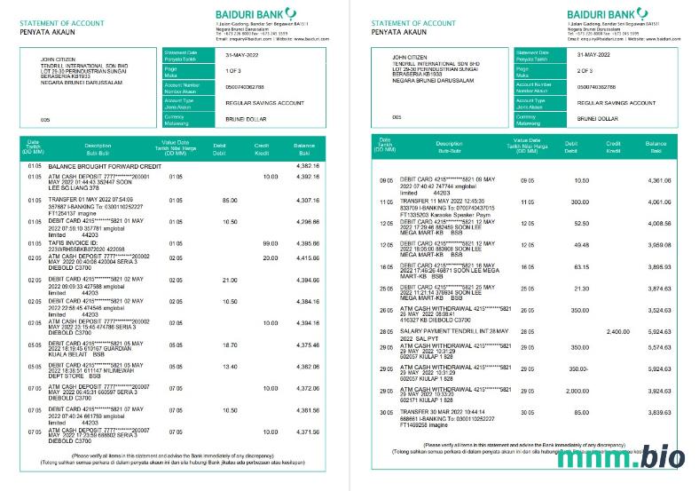Wyciąg bankowy Brunei Baiduri łatwy do wypełnienia szablon w formacie Excel i PDF (AutoSum)